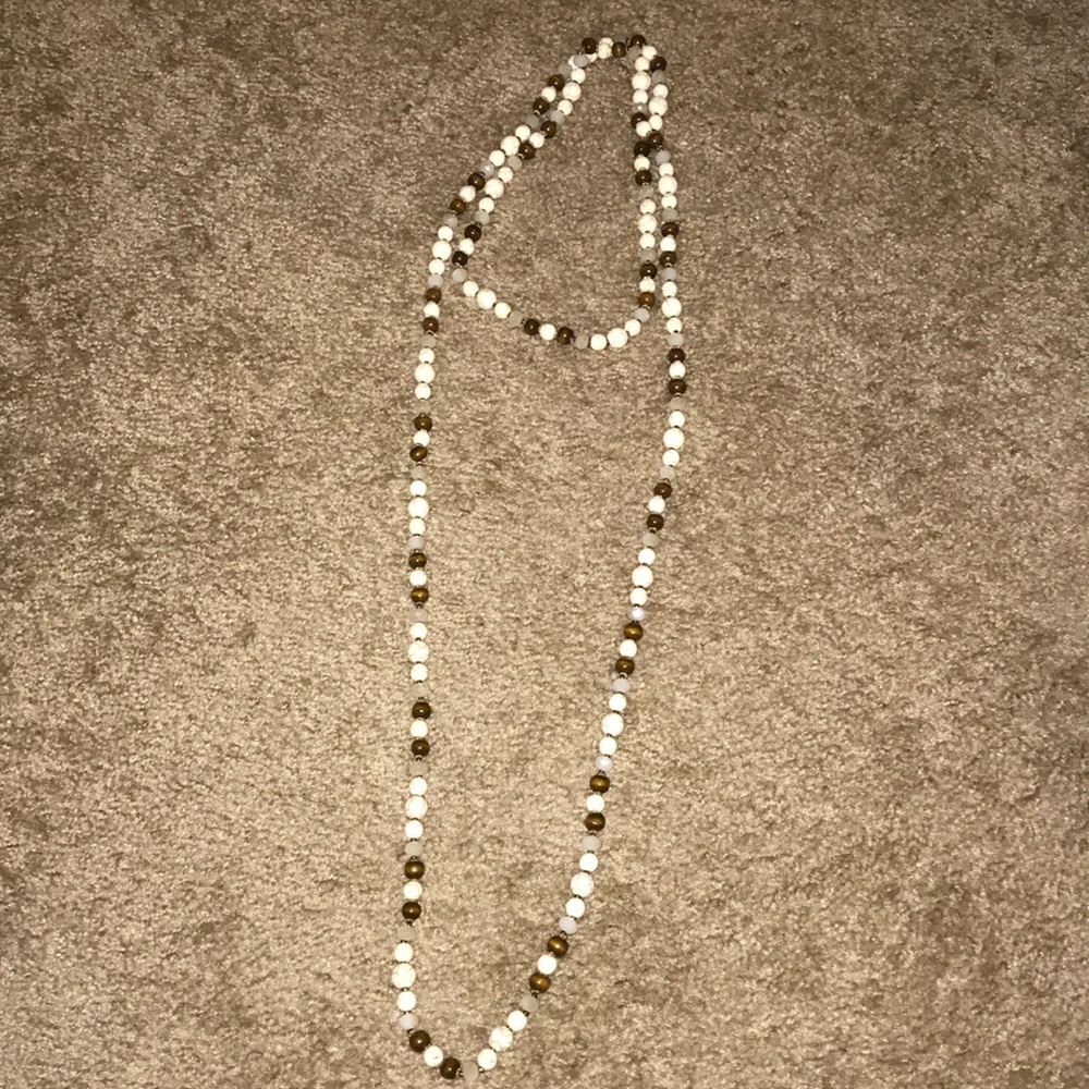 White, Light Blue, and Wood bead Wrap Necklace